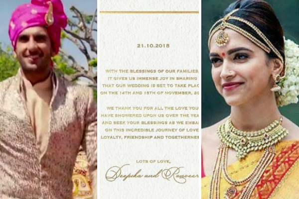 Deepika, Ranveer to wed Nov 14